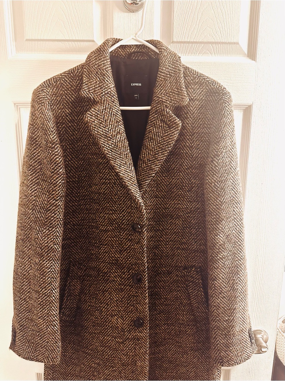 Express Men's Brown Herringbone Pea Coat - Classic Tailored Overcoat